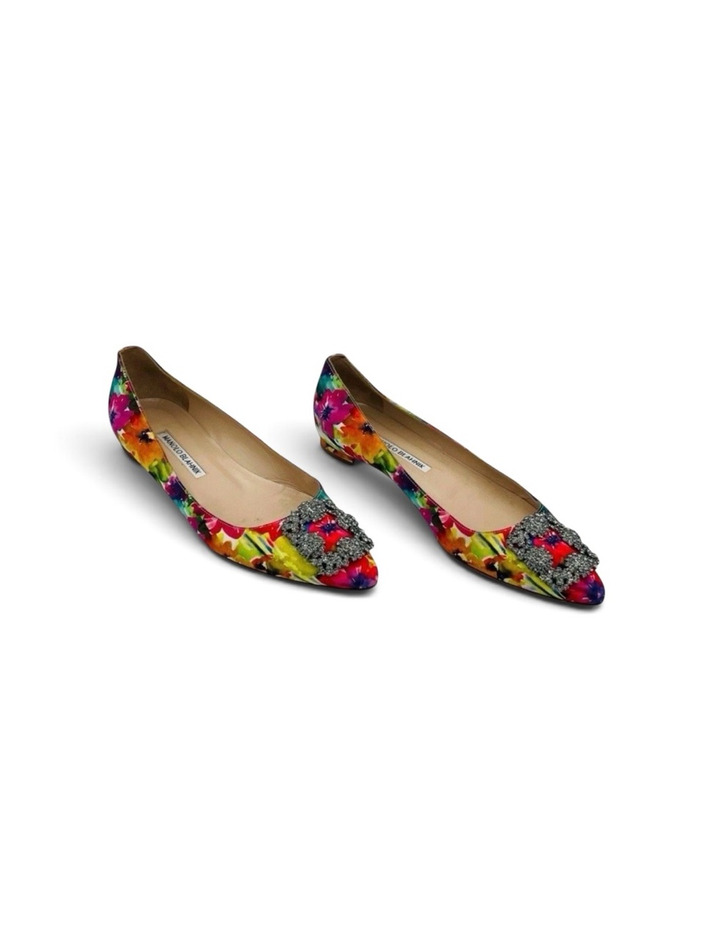 Manolo Blahnik Hangisi Floral Satin Crystal Buckle Ballet Flats EU 38.5 US 8.5